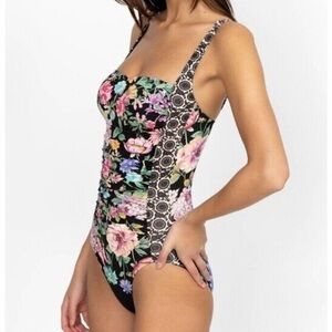Johnny Was Black Butterfly Ruched One Piece Swimsuit Floral Large Black Pink